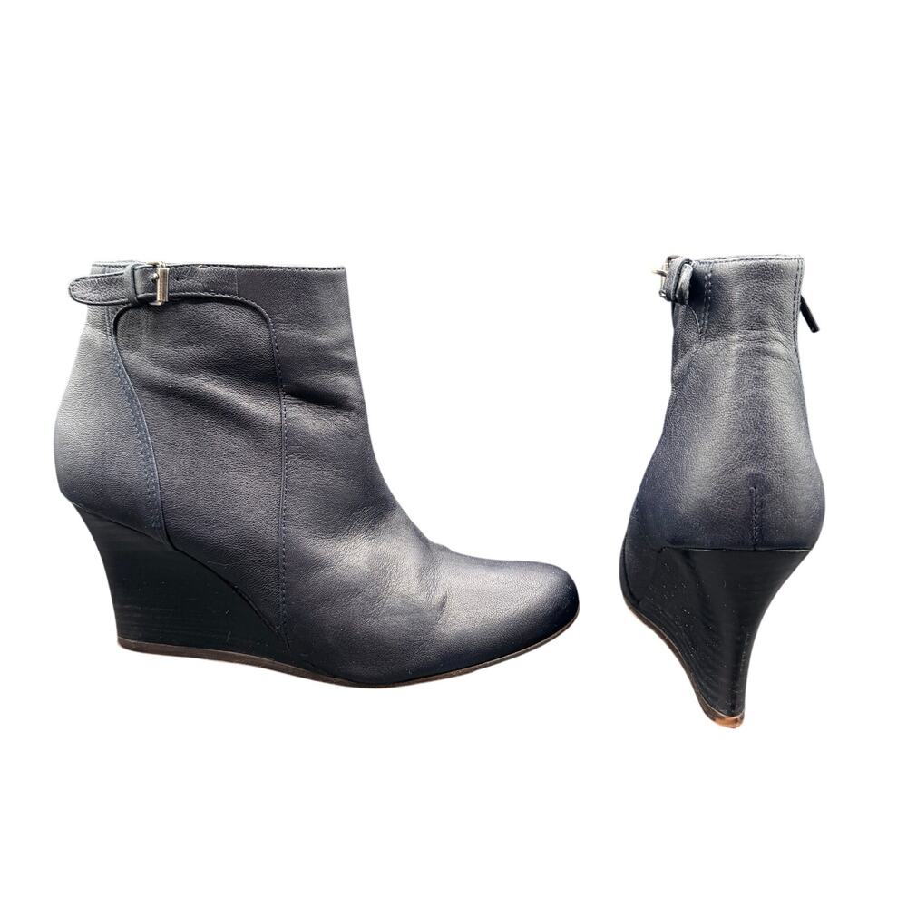 Lanvin Blue Leather Wedge Ankle Boots Sz 39 US 8.5 Zip Italy